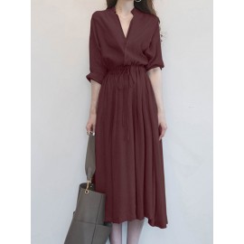 Solid Drawstring Waist Pocket Button Stand Collar Dress Solid Drawstring Waist Pocket Button Stand Collar Dress