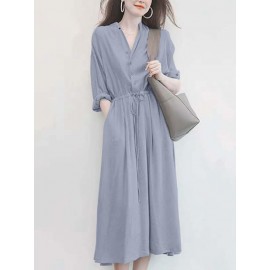 Solid Drawstring Waist Pocket Button Stand Collar Dress Solid Drawstring Waist Pocket Button Stand Collar Dress