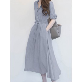 Solid Drawstring Waist Pocket Button Stand Collar Dress Solid Drawstring Waist Pocket Button Stand Collar Dress