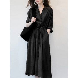 Solid Drawstring Waist Pocket Button Stand Collar Dress Solid Drawstring Waist Pocket Button Stand Collar Dress