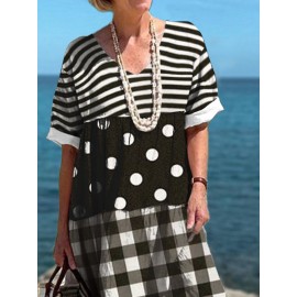 Women Striped Polkadot Plaid Patchwork V-Neck Short Sleeve Dress Women Striped Polkadot Plaid Patchwork V-Neck Short Sleeve Dress