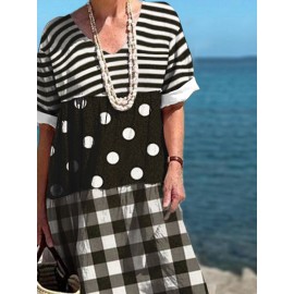 Women Striped Polkadot Plaid Patchwork V-Neck Short Sleeve Dress Women Striped Polkadot Plaid Patchwork V-Neck Short Sleeve Dress