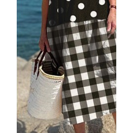 Women Striped Polkadot Plaid Patchwork V-Neck Short Sleeve Dress Women Striped Polkadot Plaid Patchwork V-Neck Short Sleeve Dress