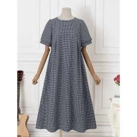 Women Gingham Plaid Crew Neck Casual Short Sleeve Dress Women Gingham Plaid Crew Neck Casual Short Sleeve Dress