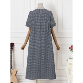 Women Gingham Plaid Crew Neck Casual Short Sleeve Dress Women Gingham Plaid Crew Neck Casual Short Sleeve Dress