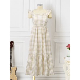 Women Gingham Ruffle Square Collar Tiered Sleeveless Dress Women Gingham Ruffle Square Collar Tiered Sleeveless Dress