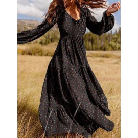 Floral Print Long Sleeves V-neck Casual Dress For Women Floral Print Long Sleeves V-neck Casual Dress For Women