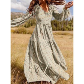 Floral Print Long Sleeves V-neck Casual Dress For Women Floral Print Long Sleeves V-neck Casual Dress For Women