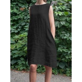 Women Solid Crew Neck Casual Sleeveless Dress With Pocket Women Solid Crew Neck Casual Sleeveless Dress With Pocket