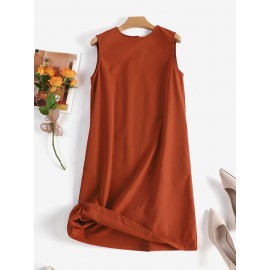 Women Solid Crew Neck Casual Sleeveless Dress With Pocket Women Solid Crew Neck Casual Sleeveless Dress With Pocket