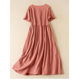 Women Solid Notched Neck Frog Button Drawstring Waist Dress Women Solid Notched Neck Frog Button Drawstring Waist Dress