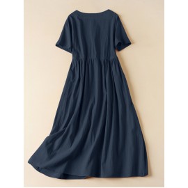 Women Solid Notched Neck Frog Button Drawstring Waist Dress Women Solid Notched Neck Frog Button Drawstring Waist Dress