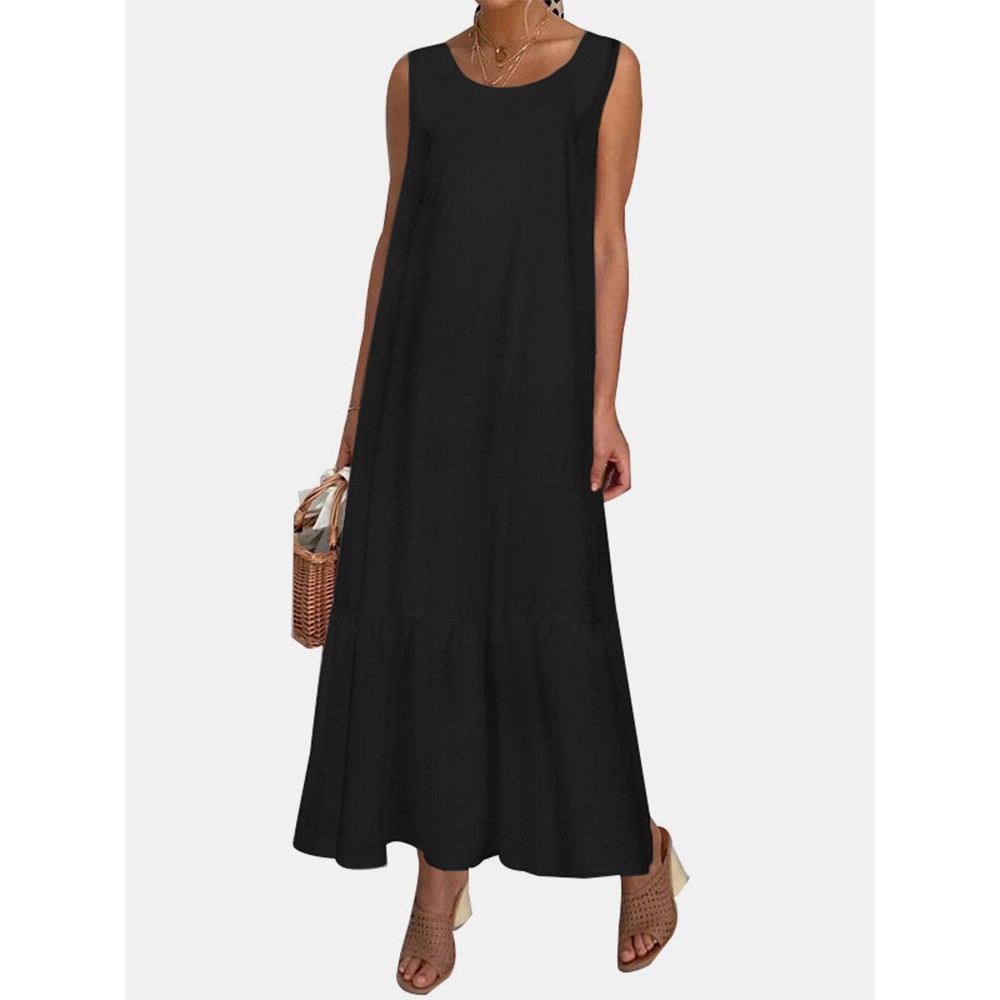 Casual Solid Color Ruffled Hem O-neck Pleated Long Maxi Tiered Dress Casual Solid Color Ruffled Hem O-neck Pleated Long Maxi Tiered Dress