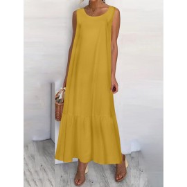 Casual Solid Color Ruffled Hem O-neck Pleated Long Maxi Tiered Dress Casual Solid Color Ruffled Hem O-neck Pleated Long Maxi Tiered Dress