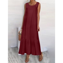 Casual Solid Color Ruffled Hem O-neck Pleated Long Maxi Tiered Dress Casual Solid Color Ruffled Hem O-neck Pleated Long Maxi Tiered Dress