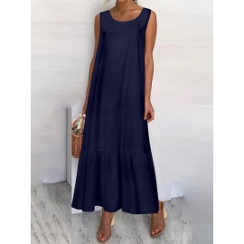 Casual Solid Color Ruffled Hem O-neck Pleated Long Maxi Tiered Dress Casual Solid Color Ruffled Hem O-neck Pleated Long Maxi Tiered Dress