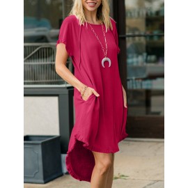 Women Solid Crew Neck Ruffle Trim Casual Short Sleeve Dress Women Solid Crew Neck Ruffle Trim Casual Short Sleeve Dress