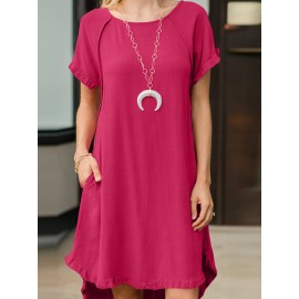 Women Solid Crew Neck Ruffle Trim Casual Short Sleeve Dress Women Solid Crew Neck Ruffle Trim Casual Short Sleeve Dress