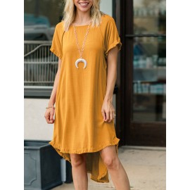 Women Solid Crew Neck Ruffle Trim Casual Short Sleeve Dress Women Solid Crew Neck Ruffle Trim Casual Short Sleeve Dress