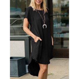 Women Solid Crew Neck Ruffle Trim Casual Short Sleeve Dress Women Solid Crew Neck Ruffle Trim Casual Short Sleeve Dress