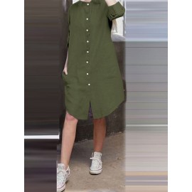 Women Solid Stand Collar Shirt Dress With Sleeve Tabs Women Solid Stand Collar Shirt Dress With Sleeve Tabs