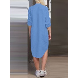 Women Solid Stand Collar Shirt Dress With Sleeve Tabs Women Solid Stand Collar Shirt Dress With Sleeve Tabs
