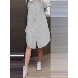Women Solid Stand Collar Shirt Dress With Sleeve Tabs Women Solid Stand Collar Shirt Dress With Sleeve Tabs
