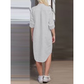 Women Solid Stand Collar Shirt Dress With Sleeve Tabs Women Solid Stand Collar Shirt Dress With Sleeve Tabs