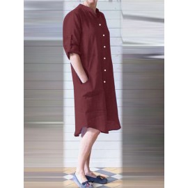 Women Solid Stand Collar Shirt Dress With Sleeve Tabs Women Solid Stand Collar Shirt Dress With Sleeve Tabs