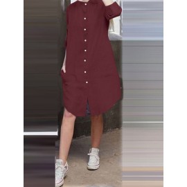 Women Solid Stand Collar Shirt Dress With Sleeve Tabs Women Solid Stand Collar Shirt Dress With Sleeve Tabs