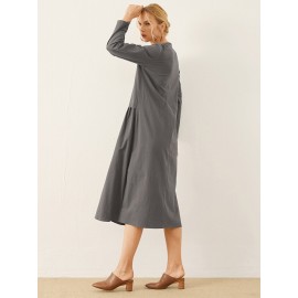 Solid Frog Button Notch Neck Long Sleeve Casual Dress Solid Frog Button Notch Neck Long Sleeve Casual Dress