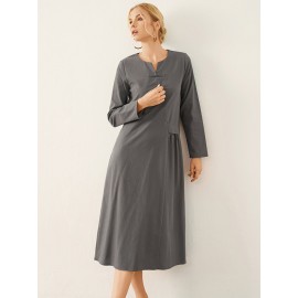 Solid Frog Button Notch Neck Long Sleeve Casual Dress Solid Frog Button Notch Neck Long Sleeve Casual Dress