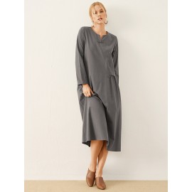 Solid Frog Button Notch Neck Long Sleeve Casual Dress Solid Frog Button Notch Neck Long Sleeve Casual Dress