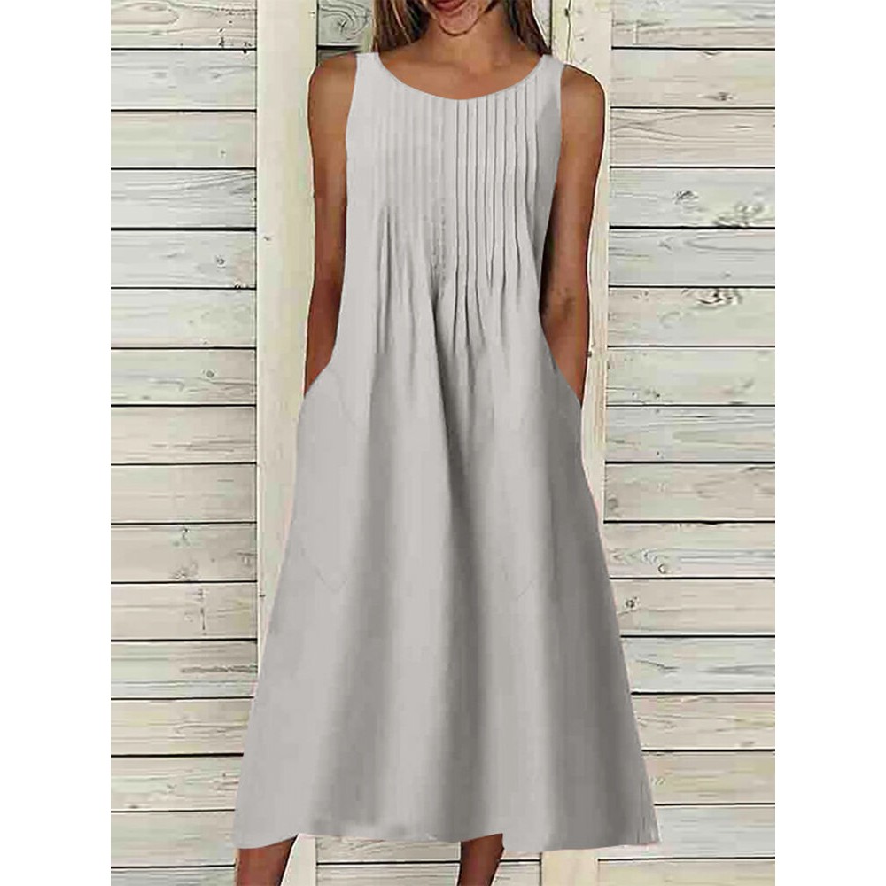 Women Solid Pleated Crew Neck Casual Sleeveless Dress Women Solid Pleated Crew Neck Casual Sleeveless Dress
