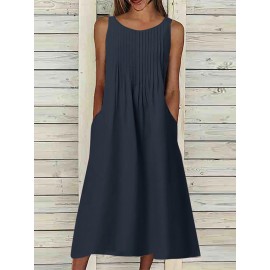 Women Solid Pleated Crew Neck Casual Sleeveless Dress Women Solid Pleated Crew Neck Casual Sleeveless Dress