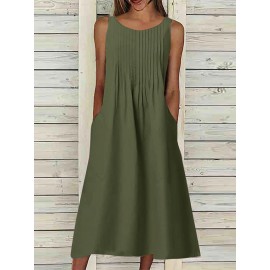 Women Solid Pleated Crew Neck Casual Sleeveless Dress Women Solid Pleated Crew Neck Casual Sleeveless Dress