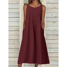Women Solid Pleated Crew Neck Casual Sleeveless Dress Women Solid Pleated Crew Neck Casual Sleeveless Dress