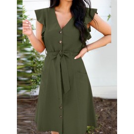 Women Solid Button Front Ruffle Cap Sleeve Dress With Belt Women Solid Button Front Ruffle Cap Sleeve Dress With Belt