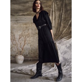 Solid V-neck Tiered 3/4 Sleeve Dress For Women Solid V-neck Tiered 3/4 Sleeve Dress For Women