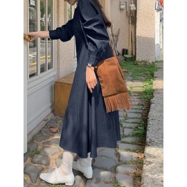 Solid Long Sleeve Casual A-line Denim Dress Solid Long Sleeve Casual A-line Denim Dress
