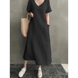 Vintage Short Sleeve V Neck Pockets Dress Vintage Short Sleeve V Neck Pockets Dress