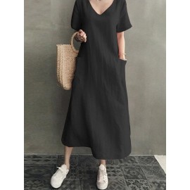 Vintage Short Sleeve V Neck Pockets Dress Vintage Short Sleeve V Neck Pockets Dress