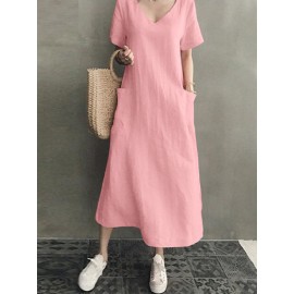 Vintage Short Sleeve V Neck Pockets Dress Vintage Short Sleeve V Neck Pockets Dress