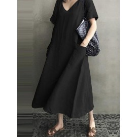 Vintage Short Sleeve V Neck Pockets Dress Vintage Short Sleeve V Neck Pockets Dress