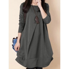Women Solid Long Sleeve Crew Neck Casual Dress Women Solid Long Sleeve Crew Neck Casual Dress
