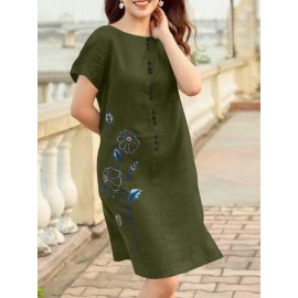 Women Floral Embroidered Crew Neck Casual Short Sleeve Dress Women Floral Embroidered Crew Neck Casual Short Sleeve Dress