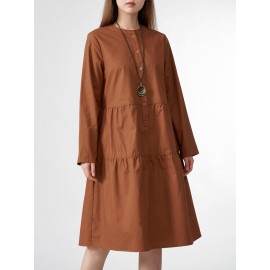 Solid Button Half Placket Long Sleeve Stand Collar Dress Solid Button Half Placket Long Sleeve Stand Collar Dress