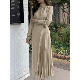 Solid Irregular Pleated Adjustable Belt Long Sleeve Dress Solid Irregular Pleated Adjustable Belt Long Sleeve Dress