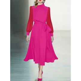 Contrast Puff Sleeve A-line Stand Collar Dress With Belt Contrast Puff Sleeve A-line Stand Collar Dress With Belt