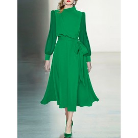 Contrast Puff Sleeve A-line Stand Collar Dress With Belt Contrast Puff Sleeve A-line Stand Collar Dress With Belt